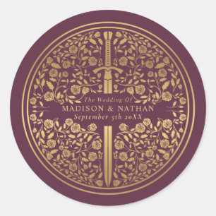 Sticker Rond Mariage d'épée médiévale Mauve