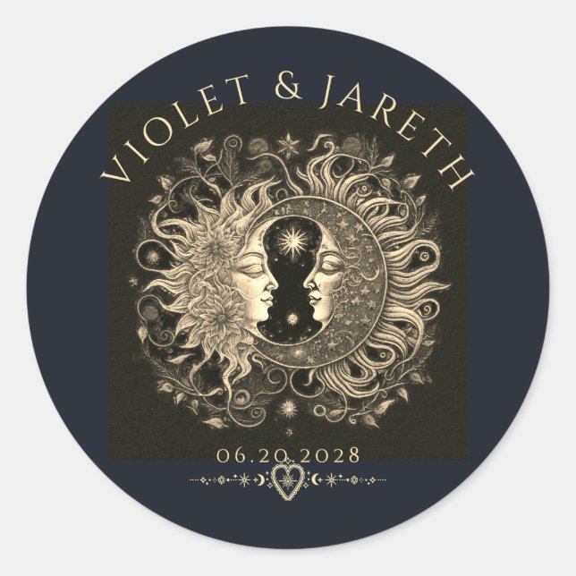 Sticker Rond Mariage des étoiles de la lune de soleil céleste (Devant)