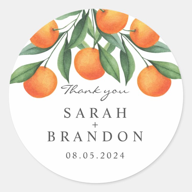 Sticker Rond Mariage d'été à feuille d'orange aquarelle (Devant)