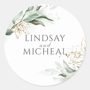 Sticker Rond Mariage d'Eucalyptus vert et or