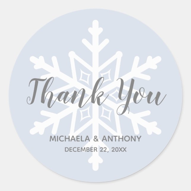 Sticker Rond Mariage d'hiver Dusty Blue Snowflake Merci (Devant)
