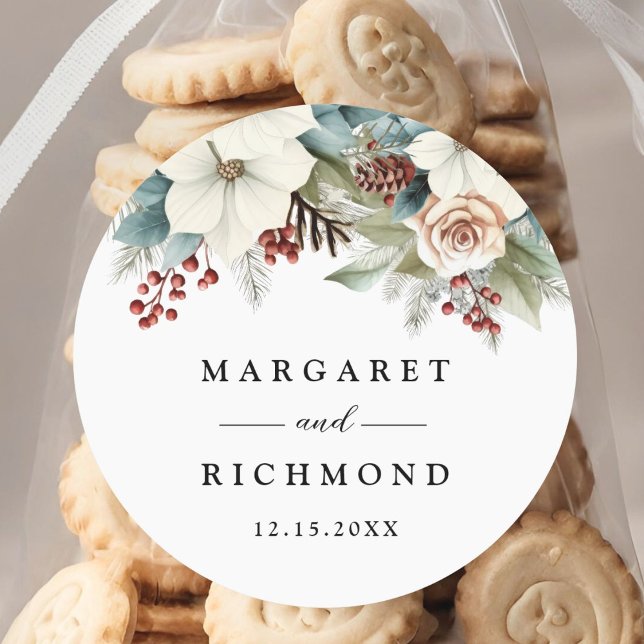 Sticker Rond Mariage d'hiver rustique bleu bleu-bleu floral (Créateur téléchargé)