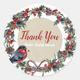 Sticker Rond Mariage d'hiver Vacances Noël Houx Baie Oiseau