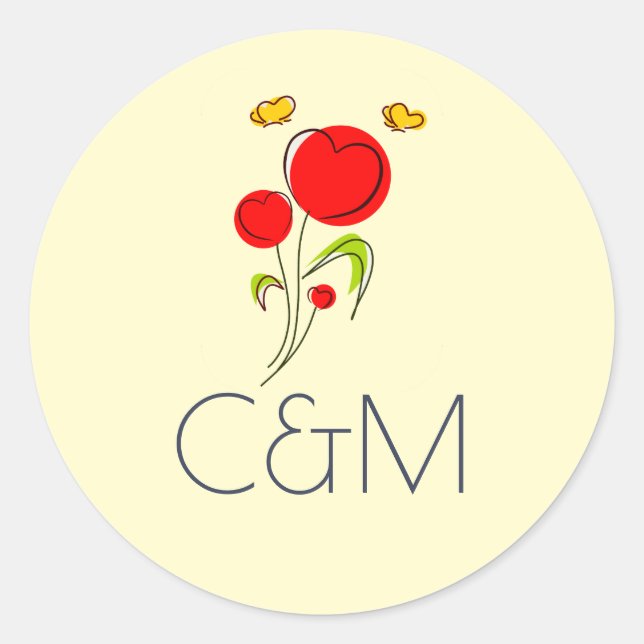 Sticker Rond Mariage d'illustration de fleurs de coeur rouge mi (Devant)