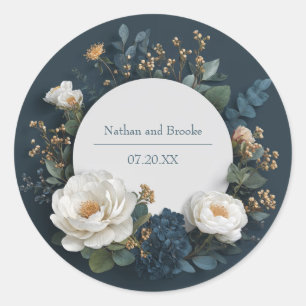 Sticker Rond Mariage Dimensionnel Paon Blanc Bleu Marine Luxe