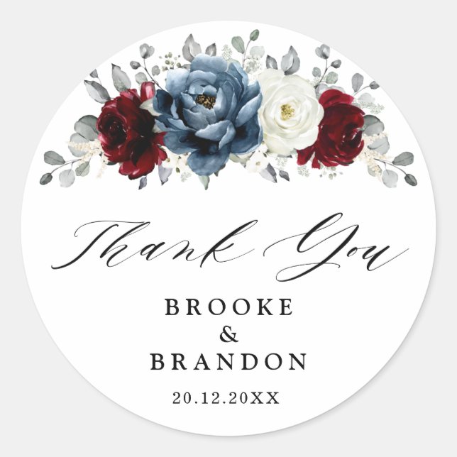 Sticker Rond Mariage d'ivoire blanc bleu ardoise Merci (Devant)