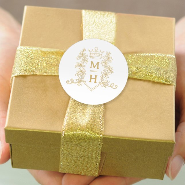 Sticker Rond Mariage d'or de la crête de coeur du monogramme (Créateur téléchargé)