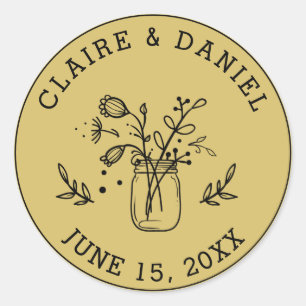 Sticker Rond Mariage d'or Enregistrer la date Mason Fleurs de p