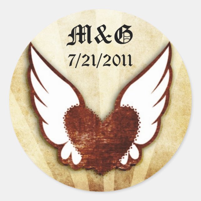 Sticker Rond Mariage du coeur aile en tatouage urbain Date Seal (Devant)