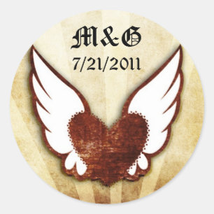 Sticker Rond Mariage du coeur aile en tatouage urbain Date Seal