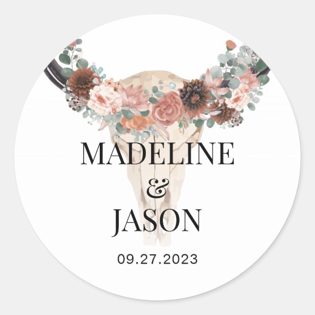Sticker Rond Mariage du crâne de vache floral Favoriser (Devant)