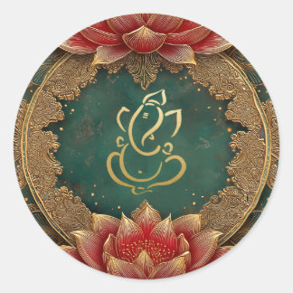 Sticker Rond Mariage du dieu hindou Ganesh | Inde Lotus vert do