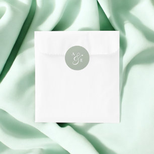 Sticker Rond Mariage du script de monogramme vert Sage