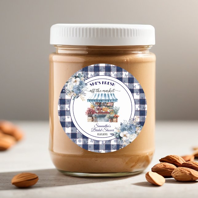 Sticker Rond Mariage élégant à thème fermier Gingham Bleu (Créateur téléchargé)