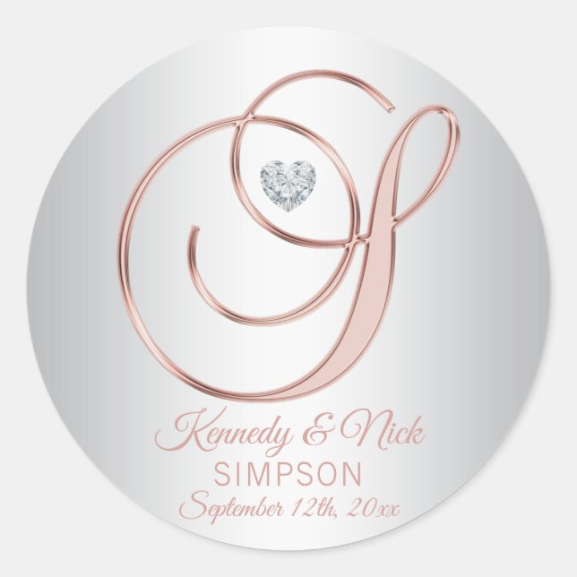 Sticker Rond Mariage Élégant Argent Personnalisé Rose Doré (Devant)