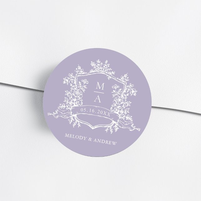 Sticker Rond Mariage élégant au monogramme floral à la lavande (Créateur téléchargé)