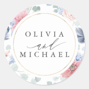 Sticker Rond Mariage élégant bleu Dusty et rose pâle rose