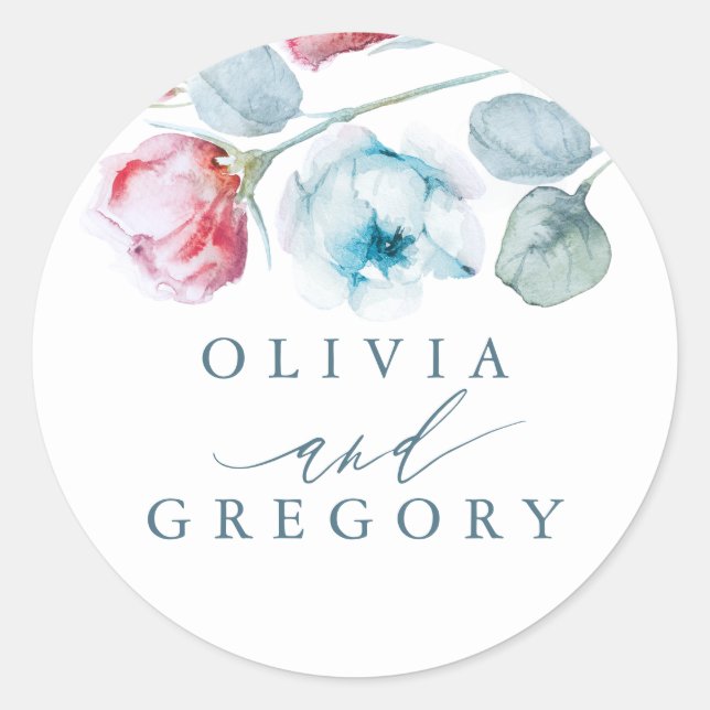 Sticker Rond Mariage élégant bleu et rose floral (Devant)