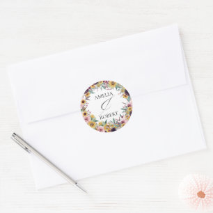 Sticker Rond Mariage Élégant Boho Tournesol Floral Rustique d'A