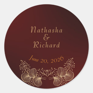 Sticker Rond Mariage Élégant Bourguignon et Floral Doré