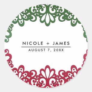 Sticker Rond Mariage élégant de fête Green & Red Lace