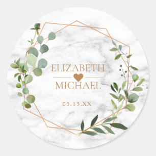 Sticker Rond Mariage élégant en marbre Eucalyptus géométrique e