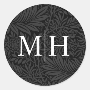 Sticker Rond Mariage Élégant Fleurs Noires Monogramme Blanc