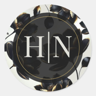 Sticker Rond Mariage Élégant Floral Noir & Or Greige