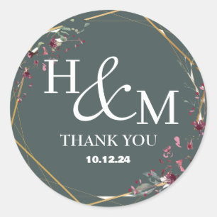 Sticker Rond Mariage Élégant Moderne Monogrammé Or Floral