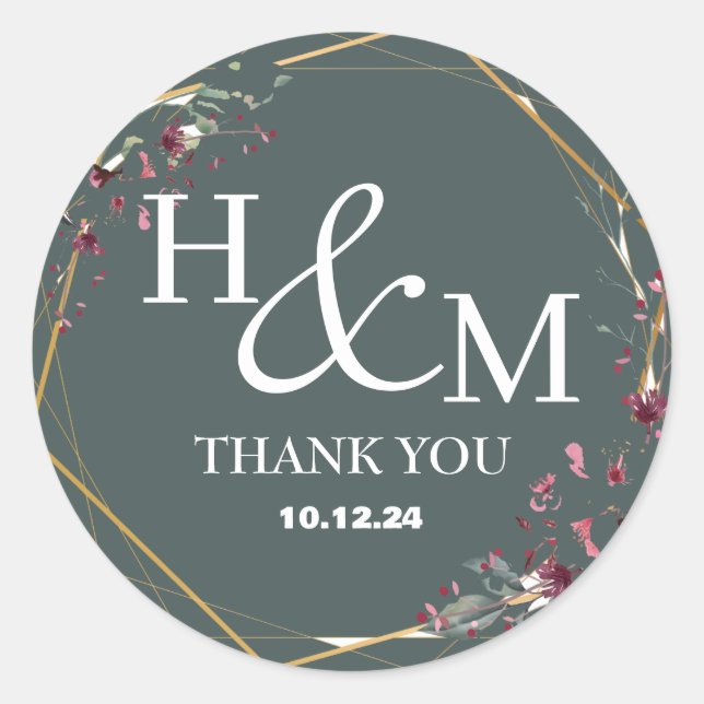 Sticker Rond Mariage Élégant Moderne Monogrammé Or Floral (Devant)