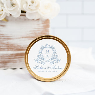 Sticker Rond Mariage élégant monogramme à crête florale bleue