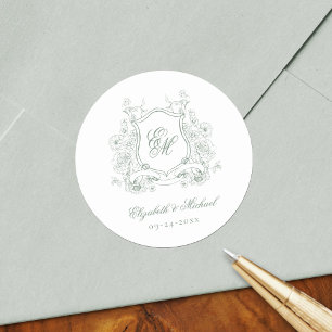 Sticker Rond Mariage Élégant Monogramme Crête Florale Vert Saug