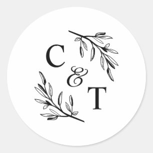 Sticker Rond Mariage Élégant Monogramme Feuillage
