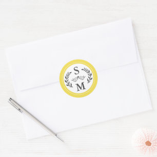 Sticker Rond Mariage élégant Monogramme moderne gris jaune Fave