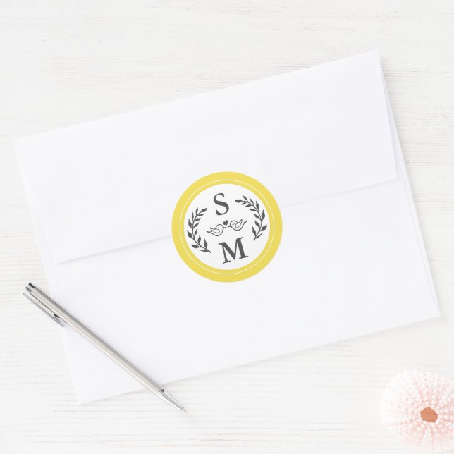 Sticker Rond Mariage élégant Monogramme moderne gris jaune Fave (Enveloppe)