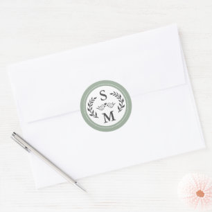 Sticker Rond Mariage élégant Monogramme moderne Sage Vert Faveu