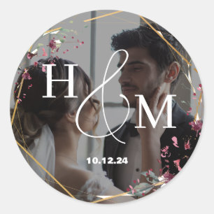 Sticker Rond Mariage Élégant Monogrammé Photo Or Floral