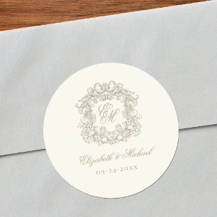 Sticker Rond Mariage Élégant Monogramme Vintage Taupe et Ivoire
