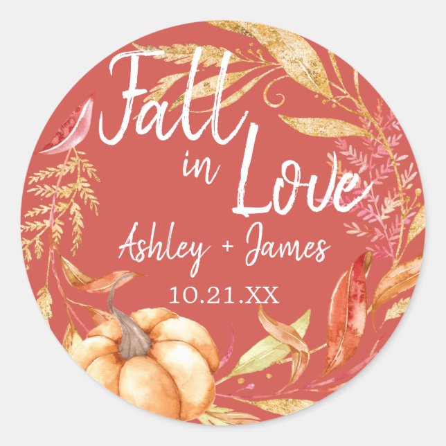 Sticker Rond Mariage Élégant Rouge d'Automne Monogramme Amoureu (Devant)
