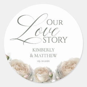 Sticker Rond Mariage Élégant Sauge Roses Vertes