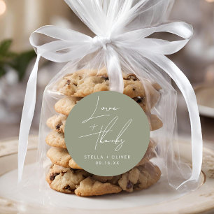 Sticker Rond Mariage Élégant Vert Sauge Écriture Amour + Merci