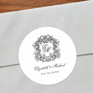 Sticker Rond Mariage Élégant Vintage Blason Monogramme