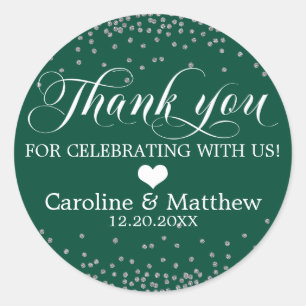 Sticker Rond Mariage Emerald Green Sparkle MERCI argenté Cla