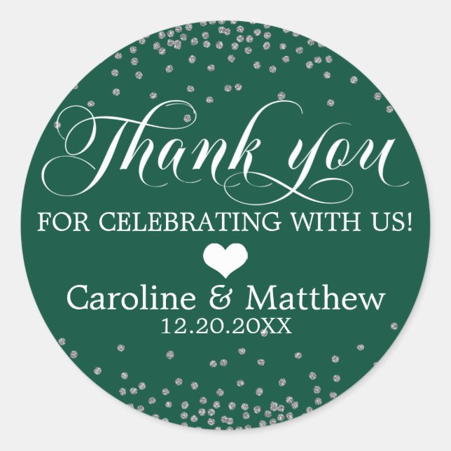 Sticker Rond Mariage Emerald Green Sparkle MERCI argenté Cla (Devant)