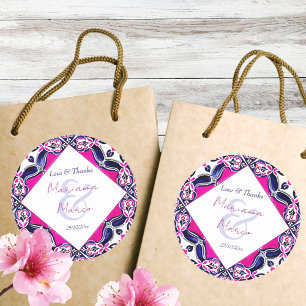 Sticker Rond Mariage en carreaux rose et bleu mexicain