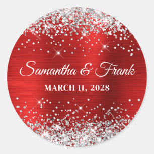 Sticker Rond Mariage en feuille rouge avec paillettes argentées
