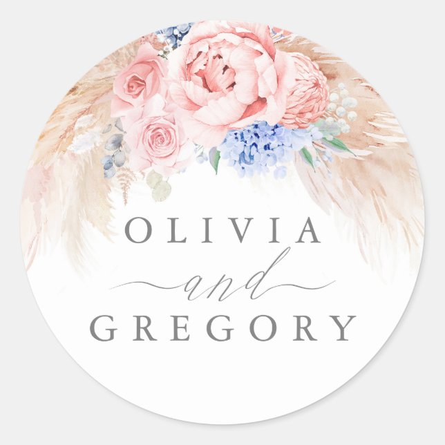Sticker Rond Mariage en laiton bleu et rose fleuri Pampas (Devant)