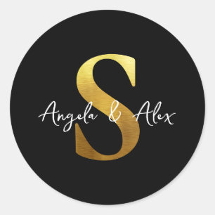 Sticker Rond Mariage en métal brossé Monogramme S Noir