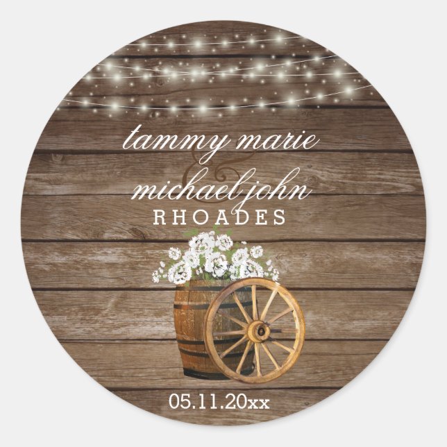 Sticker Rond Mariage en tonneau rustique en bois avec fleurs bl (Devant)
