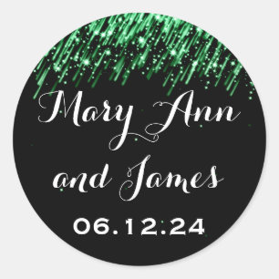 Sticker Rond Mariage Enregistrer La Date Tombant Étoiles Emeral